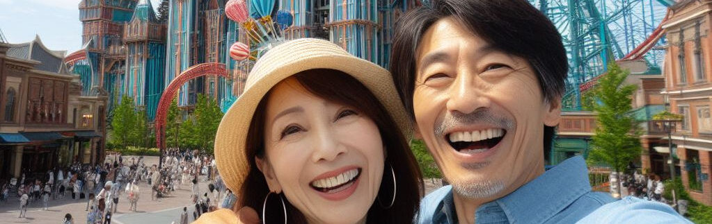 遊園地で楽しく遊ぶ夫婦
